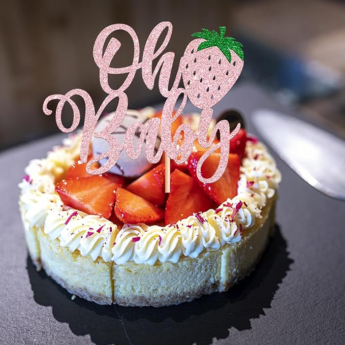 YCTHUNFISH 1 Pack Sweet Oh Baby Cake Topper Glitter Strawberry Cake Pick Fruit Berry Cake Decoration for Summer Baby Shower Kids Birthday Party Supplies Pink