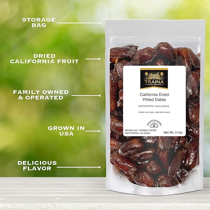 Traina Home Grown California Dried Pitted Dates - Healthy, No Added Sugar, Non GMO, Kosher Certified, Vegan, Packed in Resealable Pouch (2 lbs)