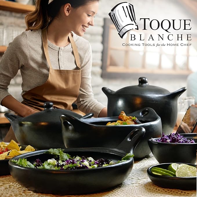 Authentic La Chamba Cazuela with Handles - Elegant, All-Natural Black Clay Round Casserole for Braising, Baking, Roasting - Stovetop & Oven Safe ??Earthenware, Handmade in Colombia ??Medium, 8" Diameter