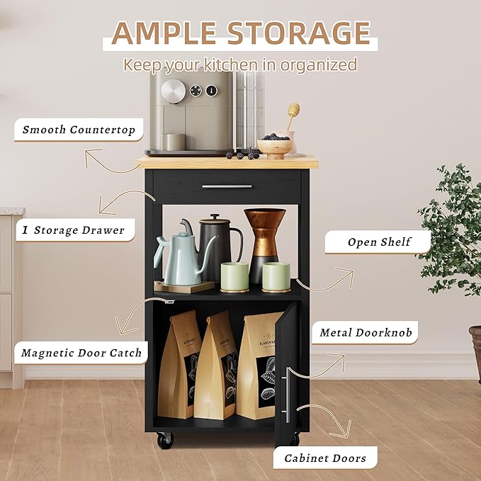 Shintenchi Kitchen Island Cart with Storage,Rolling Kitchen Island Side Table on Wheels with Worktop,Single Door Storage Cabinet and Drawer for Kitchen,Dinning Room, Black