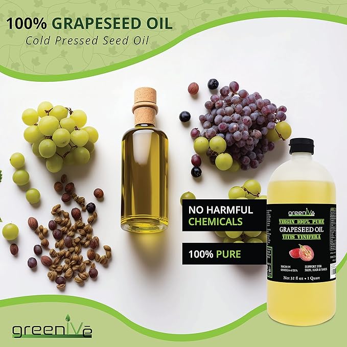 GreenIVe Grapeseed Oil Naturally Grown 100% Pure Cold Pressed Light Flavor High Tempurature Cooking 32oz