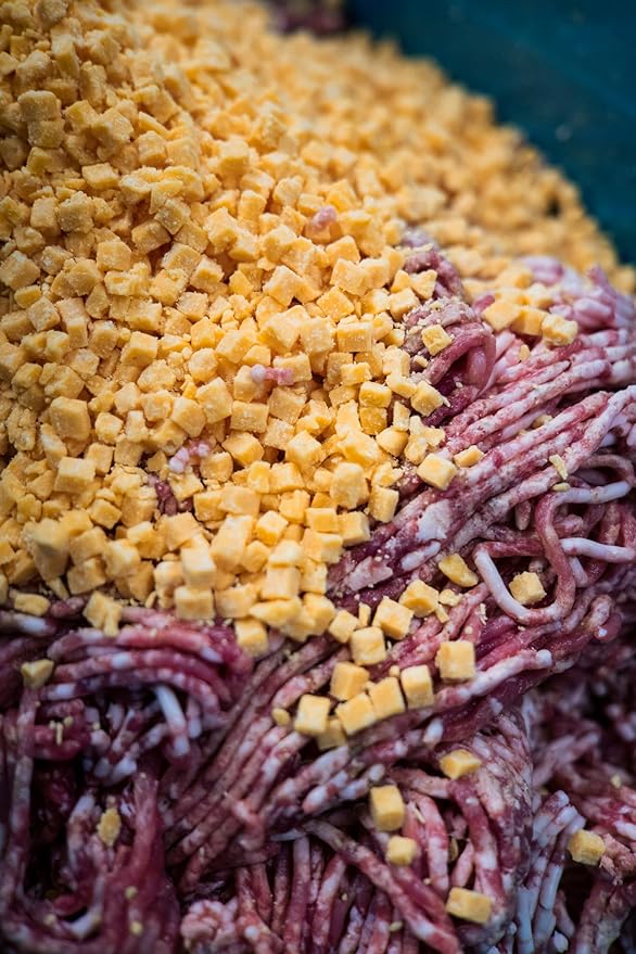 Bearded Butchers High-Temp Cheddar Cheese, Case of 8 (2.5 lb Bags) ??20 lbs Total, Shelf-Stable 1/4-Inch Cubes for Up to 25 lbs of Meat Per Bag, 400째F High-Temperature Cheese ??Perfect for Sausages, Brats, Snack Sticks, Burgers, and More