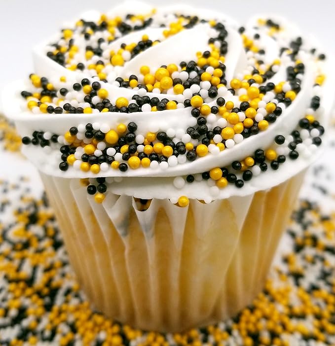 NCS Black, White, and Gold Edible Non Pareils Sprinkles, 8 ounces - Great for Cupcakes, Cookies, Cakes, Cakes Pops