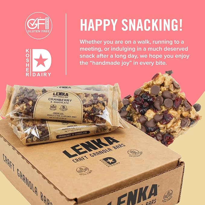 Lenka Bars - Cranberry Chocolate Snack Bars, Gluten Free, High Fiber, Kosher, Wholesome, No Artificial Flavors, Individually Wrapped - 12 Pack