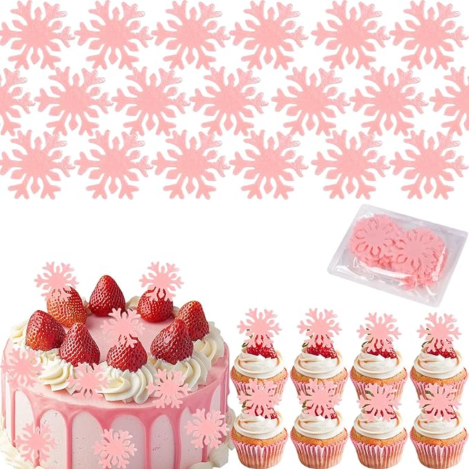 50pcs Edible Snowflake Cupcake Toppers ??Edible Cake Decorations & Snowflake Cake Decorations for Christmas, Winter & Any Party (Pink)