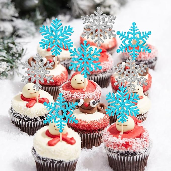 24 PCS Snowflake Cupcake Toppers Glitter Frozen Snowflake Cupcake Picks Winter Wonderland Cake Decorations for Winter Frozen Theme Baby Shower Kids Birthday Christmas Party Supplies Silver Blue