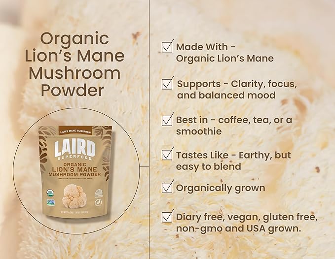 Laird Superfood Organic Lions Mane Mushroom Powder for Cognitive Function and Immune Support, 3.17 oz. Bag, Pack of 1
