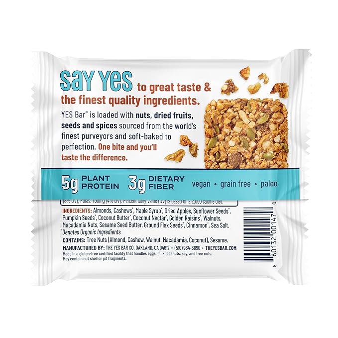 The YES Bar ??Apple Cinnamon Crisp ??Plant Based Protein, Decadent Snack Bar ??Vegan, Paleo, Gluten Free, Dairy Free, Low Sugar, Healthy Snack, Breakfast, Low Carb, Keto Friendly (24 Count)