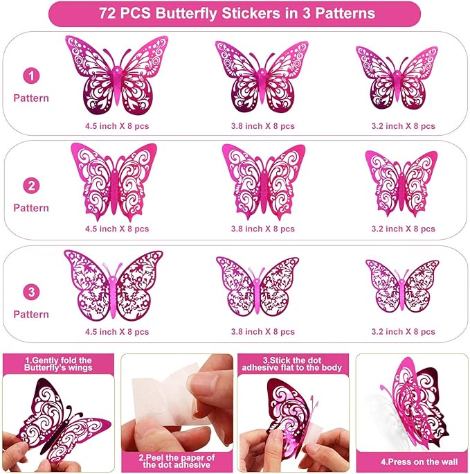 72 Pcs Butterfly Decorations, 3 Sizes 3 Styles, 3D Butterfly Wall Decor, Butterfly Party Decorations, Birthday Decorations, Butterflies for Crafts, Cake Decorating, Wall Stickers Room Decor(Purple)