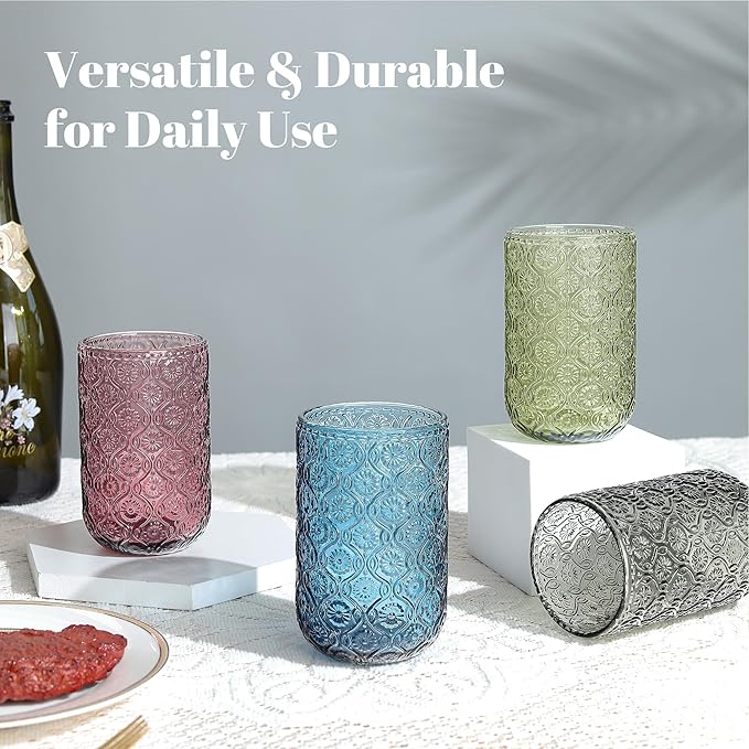 Joeyan Vintage Drinking Glasses,Embossed Floral Highball Glass Water Tumbler,14 oz Colored Beverages Juice Cocktail Beer Wine Glassware Cups,Set of 4,Dishwasher Safe
