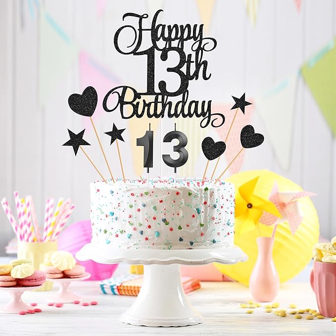 13th Birthday Cake Decorations, 13th Birthday Candles Cake Numeral Candles and Glitter Happy 13th Birthday Cake Toppers Set for Birthday Party Supplies (Black)