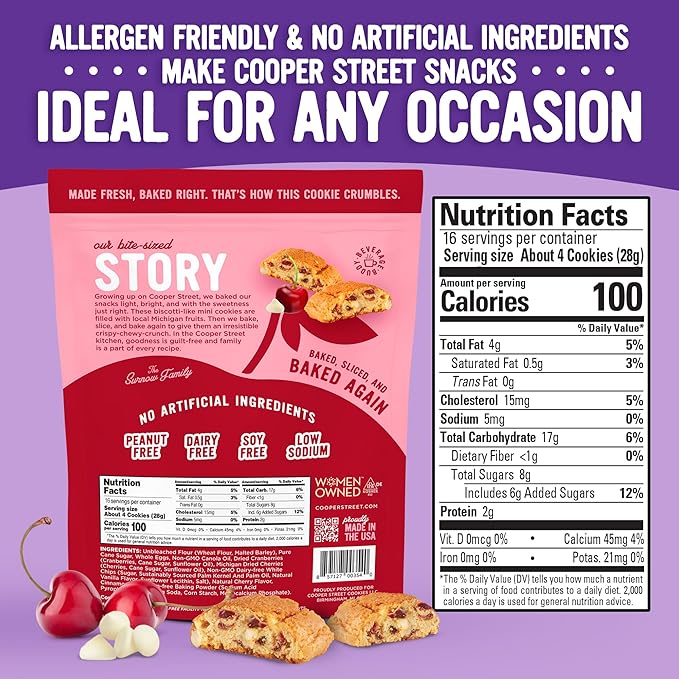 Cooper Street Twice-Baked Cherry White Chip Biscotti Cookies (16 oz) ??Over 50 Biscotti Cookies per Bag Loaded with Real Fruit, Traditional Italian Style Snacks - Dairy, Peanut & Soy Free, Kosher