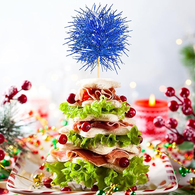 Chinco 100 Pcs Foil Firework Cupcake Toppers Sparkle Tinsel Cake Toppers Cake Decoration Cocktail Fruit Toothpick for Birthday Wedding Graduation Party(Dark Blue, Light Blue, Silver)