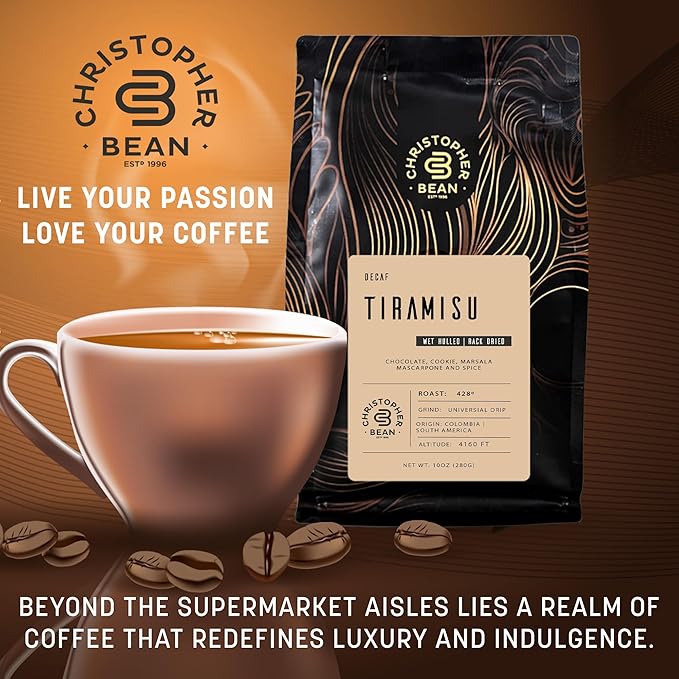 Christopher Bean Coffee - Certified Kosher - Decaf Ground Universal Drip Tiramisu Flavored Coffee with Medium Roast | Tiramisu Coffee No Sugar with 100% Arabica, No Fats, Non-GMO | 10-Ounce