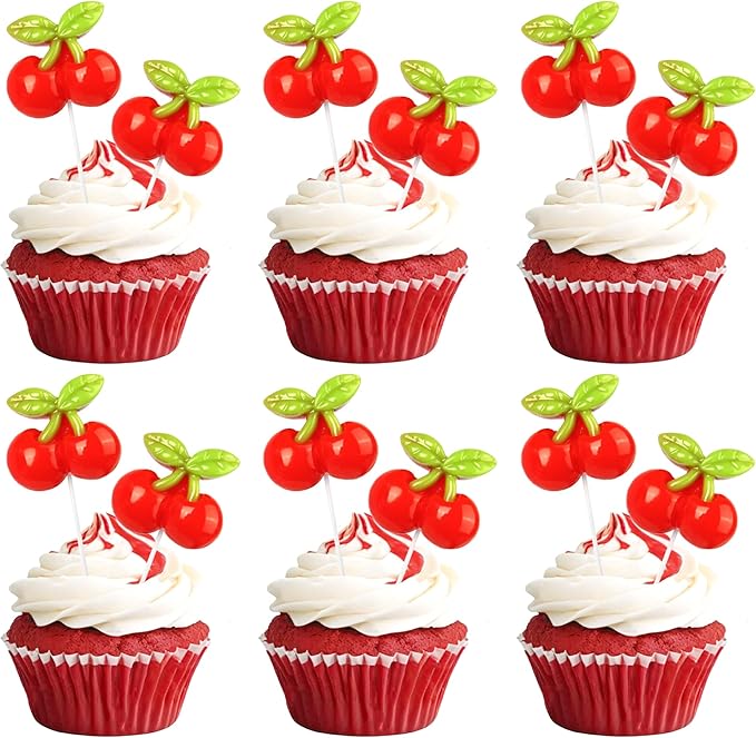30 Pack Cherry Birthday Cupcake Toppers Red Glitter Cherry Cupcake Picks for Fruit Baby Shower Kids 1st Birthday Summer Cake Decorations Party Supplies