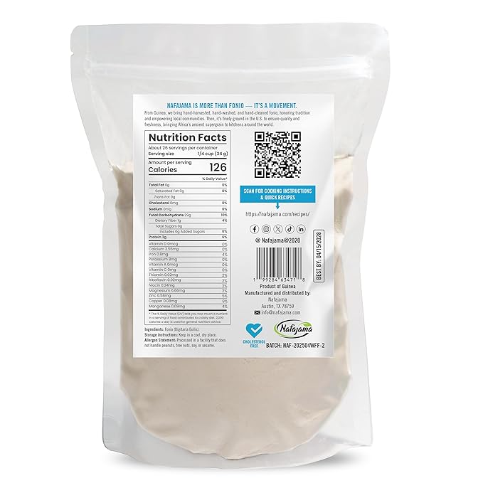 Nafajama Premium Gluten-Free White Fonio Flour | Ancient African Superfood | All-Natural, Non-GMO, Vegan, High-Fiber - 1 Bag of 2 lb / 907 g