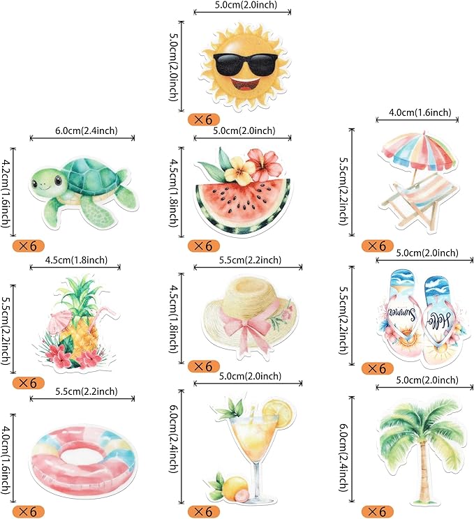 60 Pack Edible Summer Beach Theme Cake Topper Umbrella Chair Palm Tree Watermelon Pineapple Cake Pick Hawaiian Beach Cupcake Decorations for Baby Shower Birthday Wedding Party Supplies