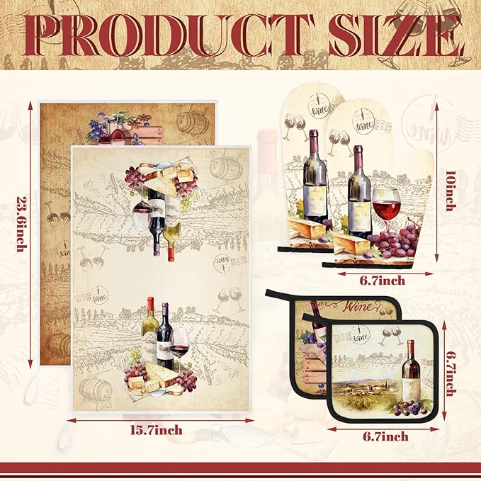 Bencailor 8 Pcs Kitchen Towel Pot Holders and Oven Mitts Set Kitchen Decoration 4 Dish Towels 2 Retro Oven Mitts 2 Potholders for Housewarming Gift Cooking Baking Grilling(Red Wine,Vintage Color)