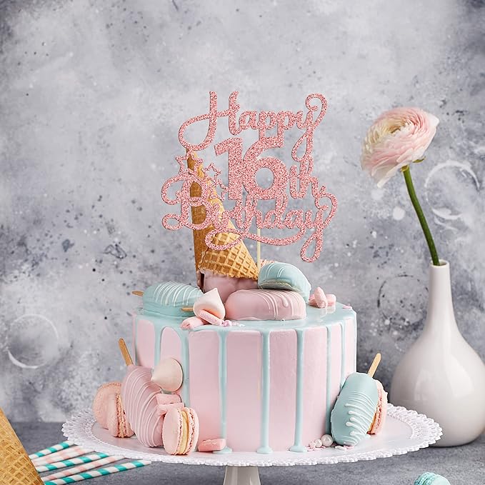 1 Pack Happy 16th Birthday Cake Topper Glitter Sweet 16 Cake Pick Birthday 16th Birthday Cake Decorations for Children 16th Theme Party Supplies Rose Gold