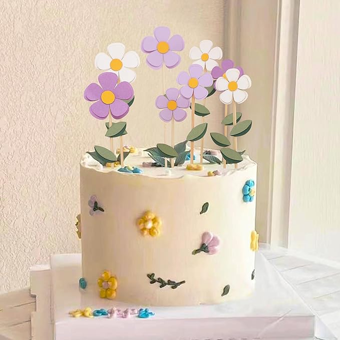8Pcs Purple White Flowers Cake Toppers - Spring Floral Birthday Wedding Decorations,Bohemian Flower Party Cupcake Toppers,Purple Daisy Floral Cake Centerpieces,Sweet Garden Party Photo Props
