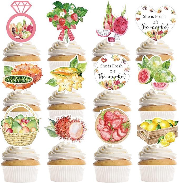 24Pcs Farmer Market Bridal Shower Cupcake Toppers, She is Fresh Off The Market Cupcake Decorations, Fruit Bridal Shower Party Supplies, Bachelorette Decor