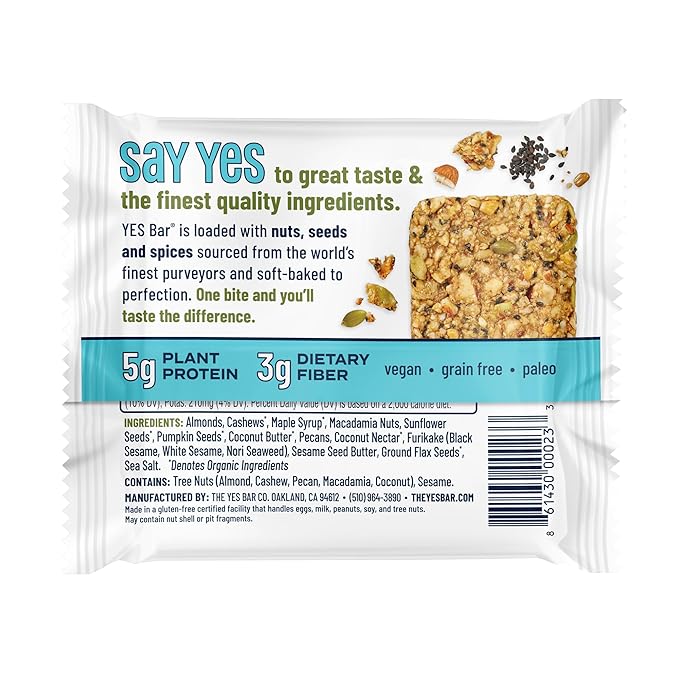 The YES Bar ??Black Sesame Sea Salt ??Plant Based Protein, Decadent Snack Bar ??Vegan, Paleo, Gluten Free, Dairy Free, Low Sugar, Healthy Snack, Breakfast, Low Carb, Keto Friendly (24 Count)