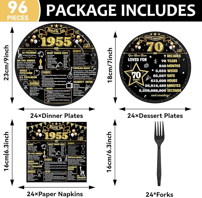 96Pcs 70th Birthday Plates and Napkins Back in 1955 Party Decorations Black Gold 70 Year Old Party Dessert Plates 1955 Tableware for 24 Guests 70th Theme Men Woman Birthday Supplies