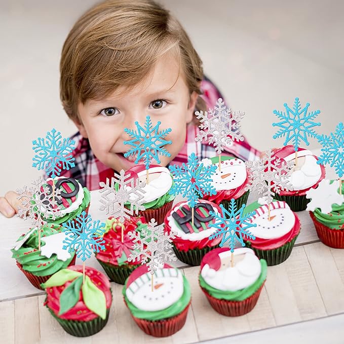 36 PCS Snowflake Cupcake Toppers Glitter Winter Frozen Theme Cupcake Picks for Winter Wonderland Snowflake Theme Baby Shower Kids Birthday Christmas Party Cake Decorations Supplies Silver Blue