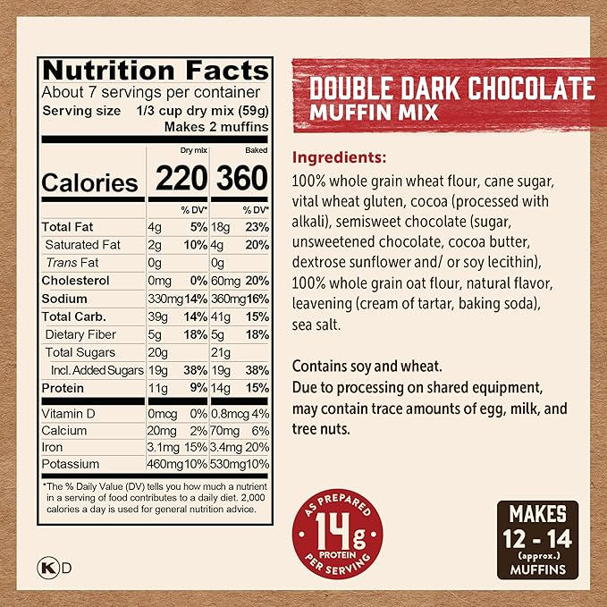 Kodiak Cakes Power Bake Muffin Mix, Double Dark Chocolate, 14 Ounce (Pack of 6)