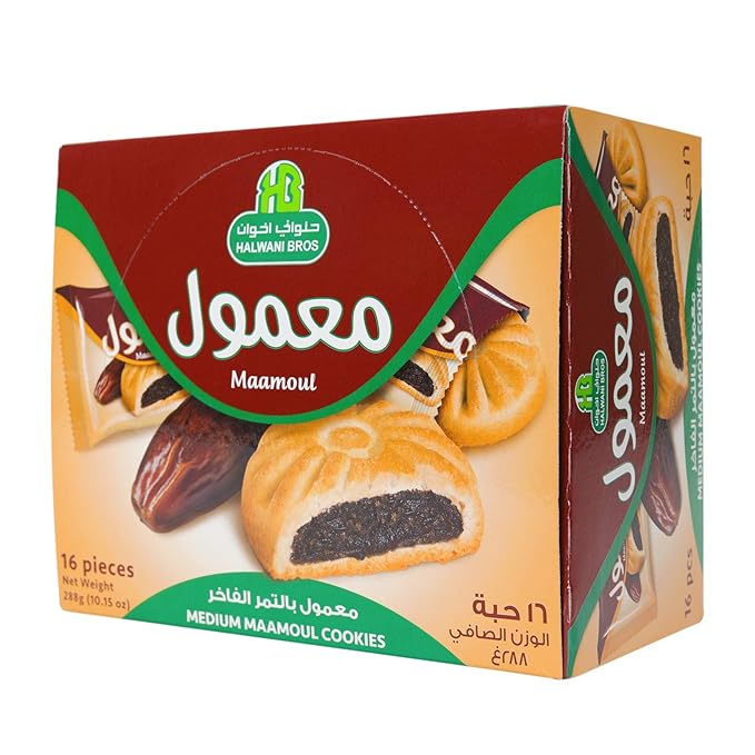 HB Halwani Bros Maamoul Cookies, 100% All Natural Date Filled Round Shortbread Cookies, No Preservatives, No Additives, 16 Medium Individually Wrapped Cookies (Pack of 4)