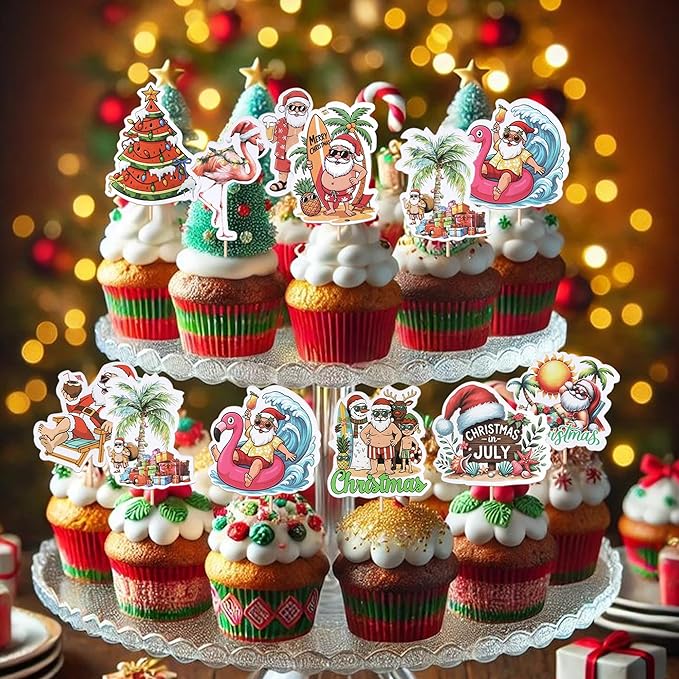 Rsstarxi 40 Pack Summer Christmas Cupcake Toppers Christmas in July Cake Decorations Santa Surfboard Snowman Flamingo Cupcake Picks for Summer Beach Pool Birthday Party Decors