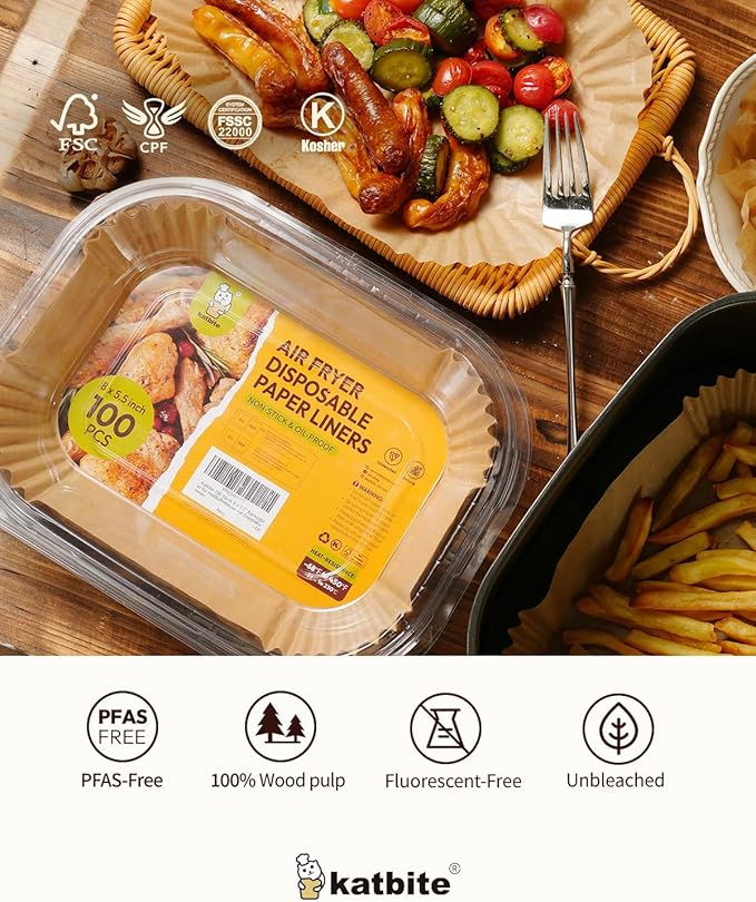 Katbite Air Fryer Liners Disposable - 100PCS, 8x5.5'' Rectangle Liners for Air Fryer Basket, Thick Air Fryer Parchment Paper Liners for Ninja Dual Airfryer Accessories, DZ201, DZ401, FG551