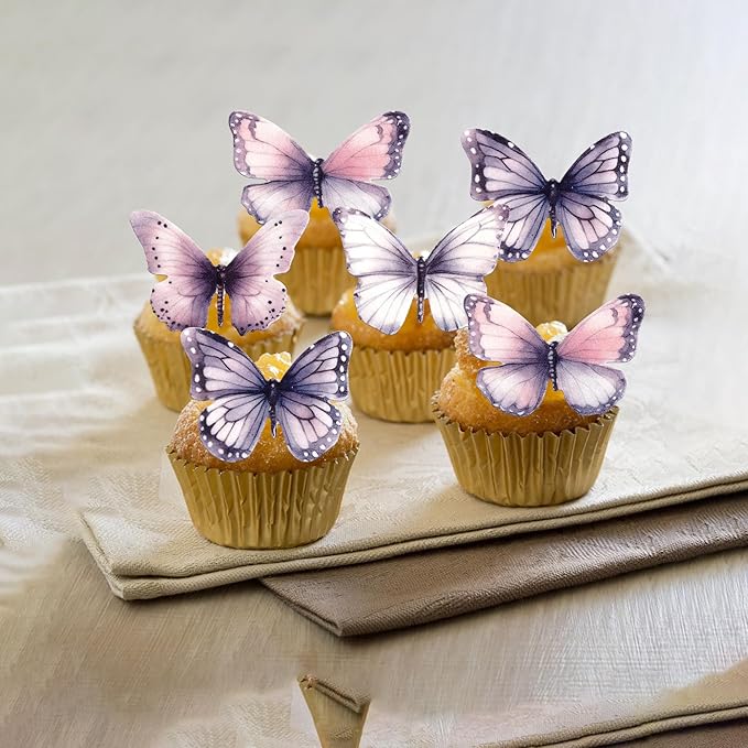 Rsstarxi 60 Pack Edible Butterfly Cupcake Toppers, Edible Butterfly Cake Decorations Butterfly Birthday Party Decorations for Baby Shower Wedding Anniversary Birthday Party Decorations Supplies Purple