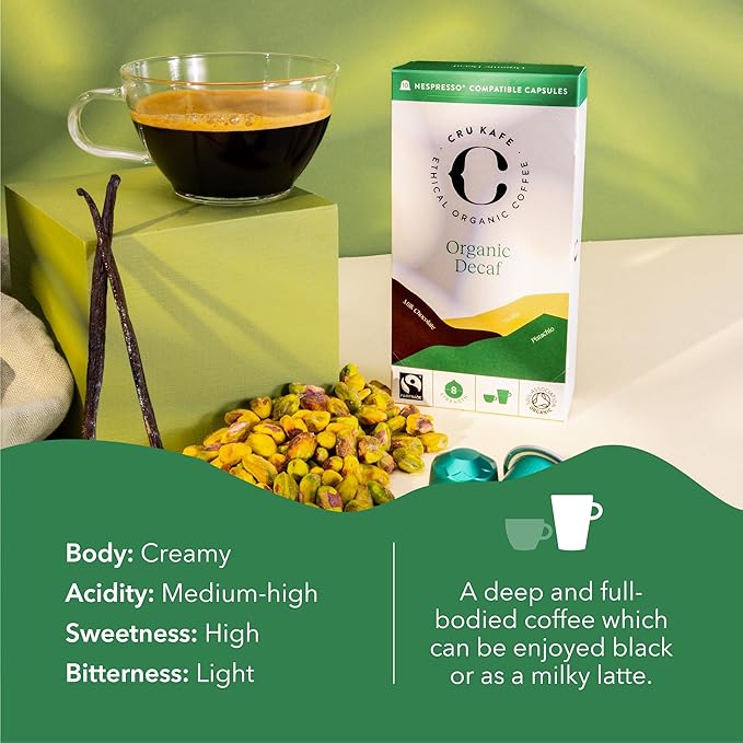 Cru Kafe Decaf USDA Organic Espresso Coffee Capsules (50 Pods) Fairtrade Coffee Pods Compatible with Nespresso Original Line and Pixie Machines