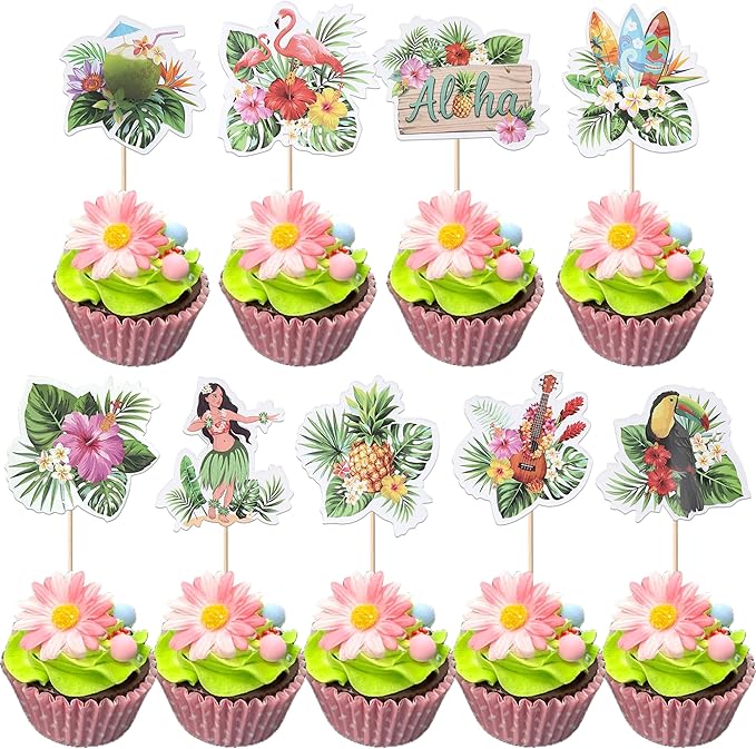 Rsstarxi 36 Pack Tropical Hawaii Cupcake Toppers Tropical Flamingo Guitar Hula Aloha Cupcake Picks for Summer Hawaii Luau Beach Theme Baby Shower Wedding Birthday Party Cake Decorations