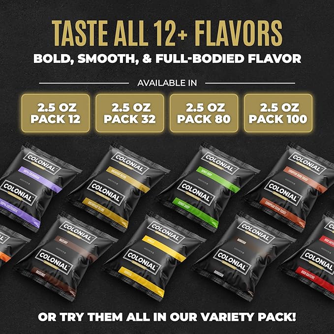 Colonial Coffee 32 Count Single Pot Coffee Packets ??Assorted Variety Pack with Medium, Dark, & Decaf Roast Blends | Pre-Measured Frac Packs for 12 Cup Maker | Bulk Ground Gourmet Coffee for Home & Office