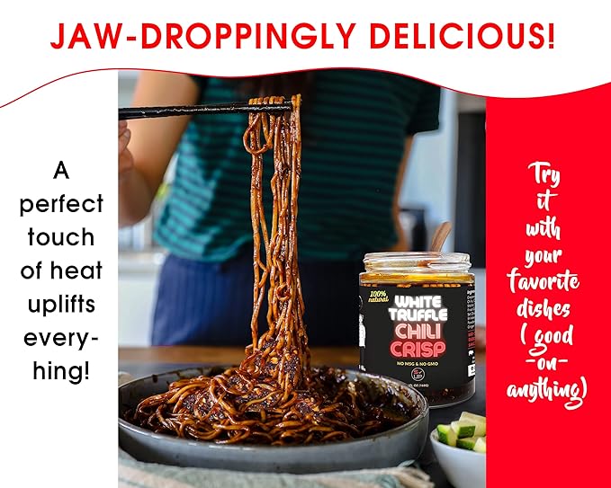 SAUCE UP 100% Natural Artisan Chili-Crisp 6oz- Premium 14+ Ingredients, Vegan, Keto, Zero Msg, Crafted in NYC(Hot, Sweet, Crispy, Umami, Smoky, Savory)- Good on Anything Chili Sauce (White Truffle)