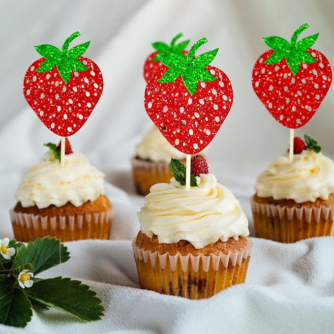24 Pack Strawberry Cupcake Toppers Glitter Birthday Strawberry Cupcake Picks for Fruit Baby Shower Kids Birthday Summer Berry Cupcake Decorations Party Supplies Red