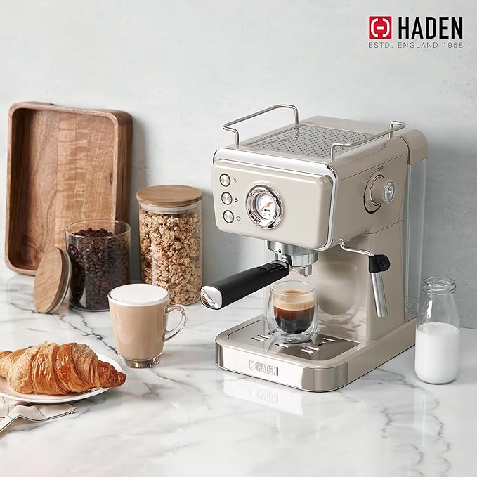 HADEN Barista Brew Espresso Coffee Machine, Stainless Steel Espresso Maker with Milk Frother and Steamer Function and 1.5L Water Tank, Putty & Copper