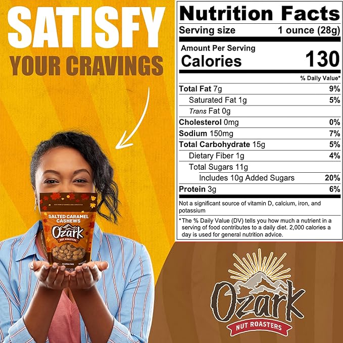 OZARK NUT ROASTERS Salted Caramel Cashews, Gourmet Candied Nuts Snack, Gluten-Free, Sea Salt & Caramel Glazed Cashews, Seasonal Fall Gift Packaging, 7 oz