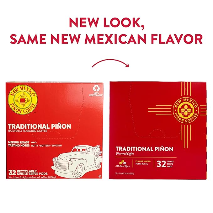 New Mexico Piñon Naturally Flavored Coffee K Cups Traditional Piñon Capsules - Nutty & Smooth Medium Roast 100% Arabica Single Serve Recyclable K-Cup Coffee Pods - 32 Count
