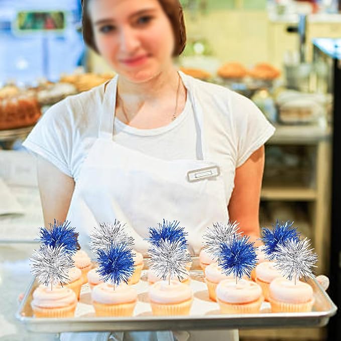 40 PCS Foil Firework Cupcake Toppers Sparkle Tinsel Cupcake Picks Fireworks Birthday Party Decorations Cocktail Fruit Toothpick for Birthday Wedding Graduation Party Decorations Supplies Silver Blue