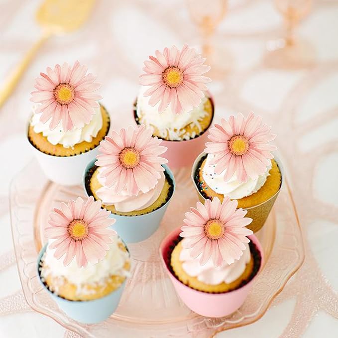 60 Pack Edible Flower Cupcake Toppers Wafer Paper Beautiful Flower Cake Picks for Wedding Birthday Theme Baby Shower Party Cake Decorations Supplies Pink