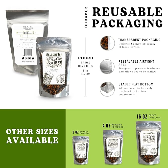 Nelson's Tea A&J's Root Beer - Sarsaparilla Root Herbal Loose Leaf Tea - A Harmonious Blend of Flavorful Ingredients like Sarsaparilla, Burdock Root, Birch Bark, and More! (2 oz)
