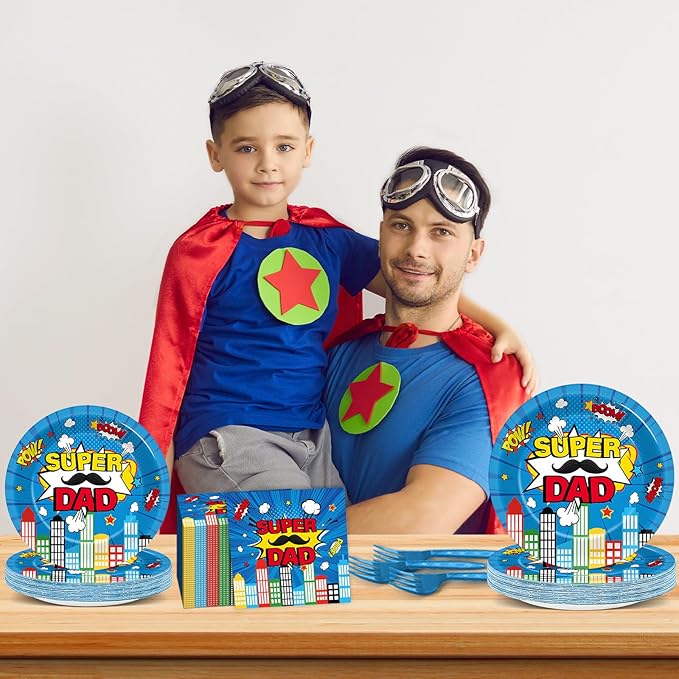 96Pcs Happy Fathers Day Paper Plates and Napkins Super Dad Party Decorations Super Theme Dessert Plates Hero Cityscape Birthday Tableware for 24 Guests Papa Grandpa Best Dad Daddy Men Party Supplies