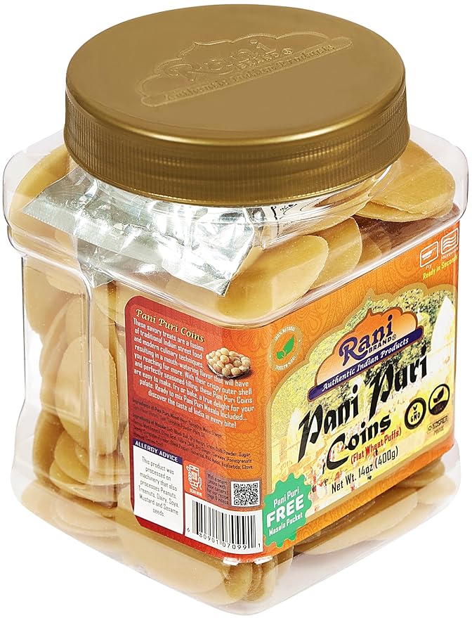 Rani Pani Puri Coins (Uncooked, Microwaveable Wheat Semolina Coins) 14oz (400g) w/Pani Puri Masala (14-Spice Blend for Indian Spicy Water) 1.75oz (50g) ~ All Natural | Vegan | NON-GMO | Kosher