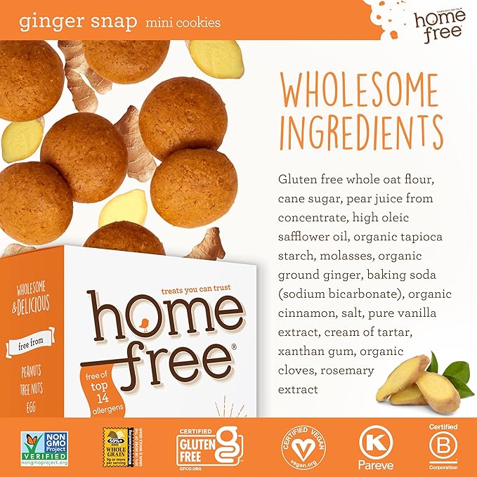 Homefree Mini Ginger Snap Cookies, Gluten Free, Nut Free, Vegan, School Safe and Allergy Friendly Snack, 5 oz. (Pack of 6)