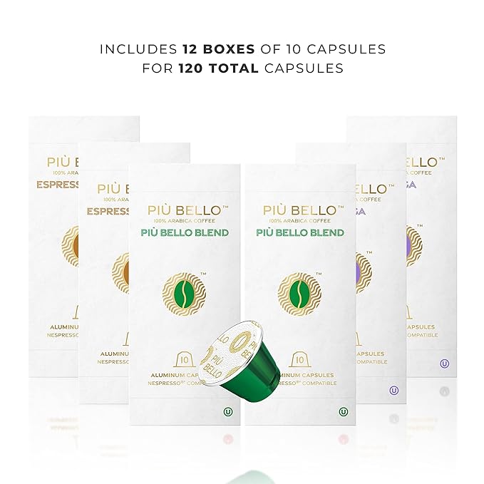 Piu Bello Espresso Coffee Pods for Nespresso Original Machines ??Light Roast Variety Pack ??3 Flavors: Chocolate, Nuts, Sweet Caramel ??Rich & Balanced Taste ??Kosher Certified (3-Flavor Multipack, 120 Count)