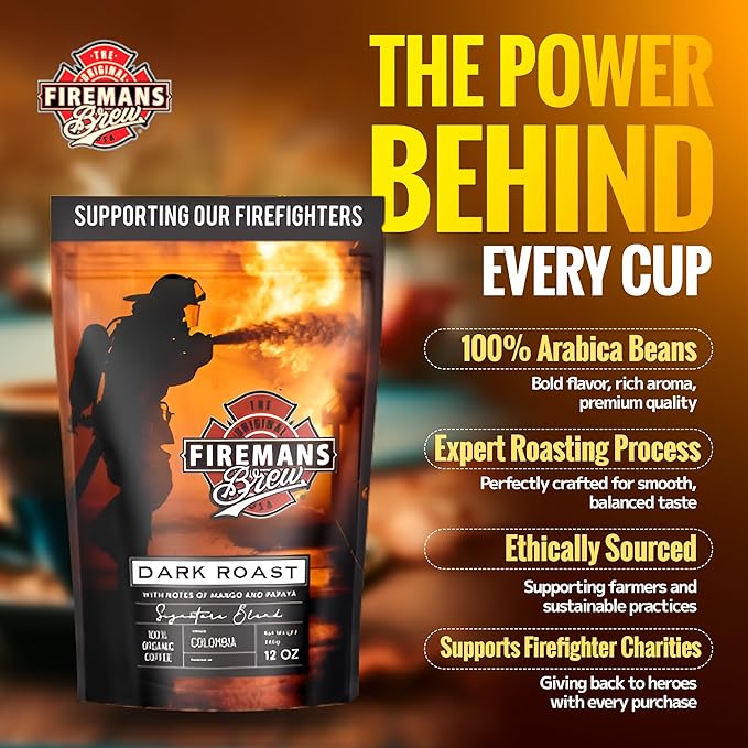 Firemans Brew Dark Roast Coffee ??Bold & Robust Ground Coffee ??100% Arabica Beans, Rich, Full-Bodied Flavor ??Freshly Roasted Gourmet Coffee ??Low Acid, Small Batch Coffee ??Supports Firefighter Causes