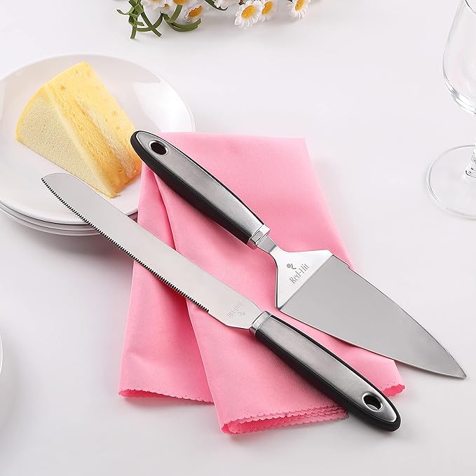 Cake Cutting Set for Wedding Cake Knife and Server Set, Cake Cutter and Pie Spatula, Cake Server and Knife Set of 2 (Plastic Handle, Silver)